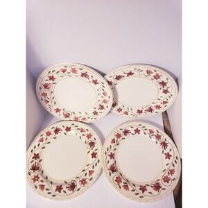 World Market Red Flower Leaf 10" Ceramic Dinner Plates Set of 4